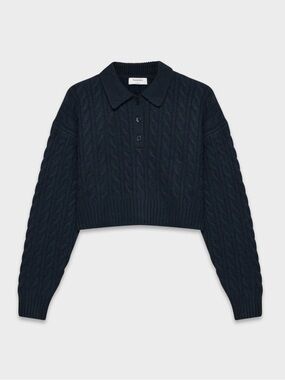 Aritzia Navy Cable-Knit Cropped Polo Sweater